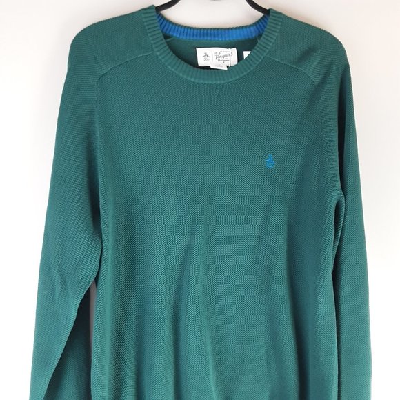 Penguin New Men's Green Waffle Knit Crew Neck Sweater Ponderosa Pine Size Lg - Picture 2 of 13